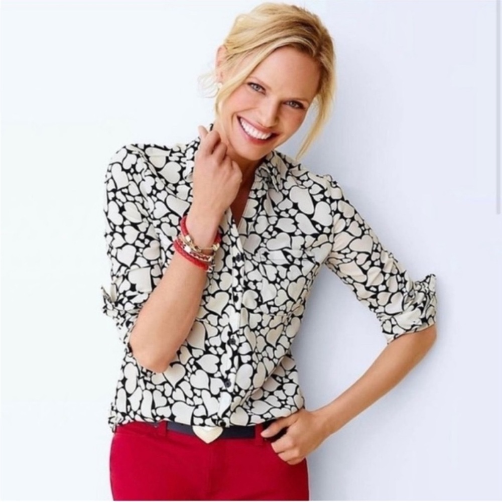 Talbots Novelty Heart Print Valentines Day Button Down Portofino Shirt Sz Large
